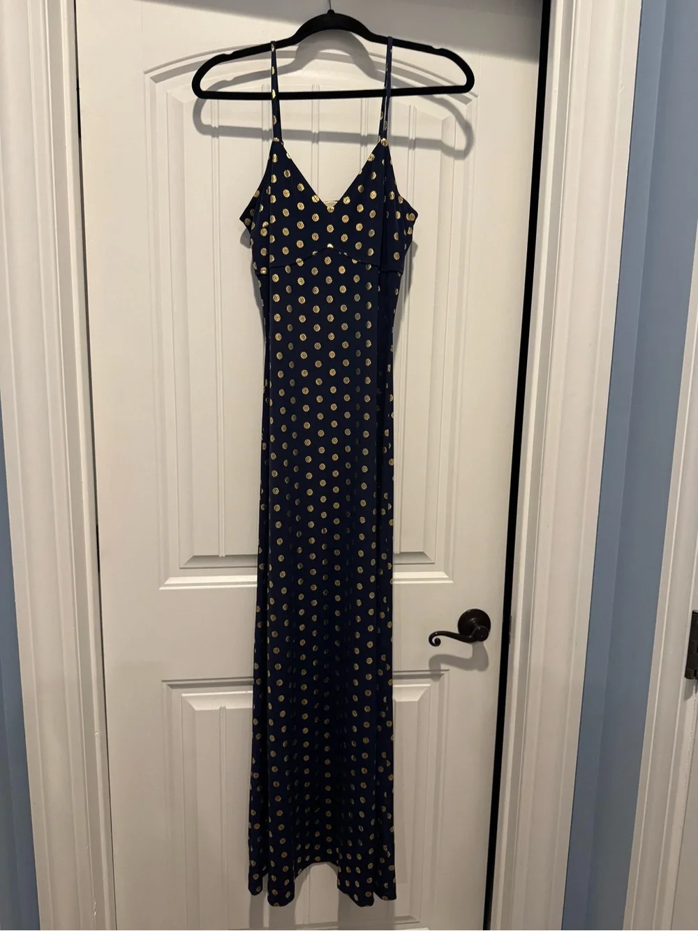 Michael Kors Navy Maxi Dress with Gold Polka Dots